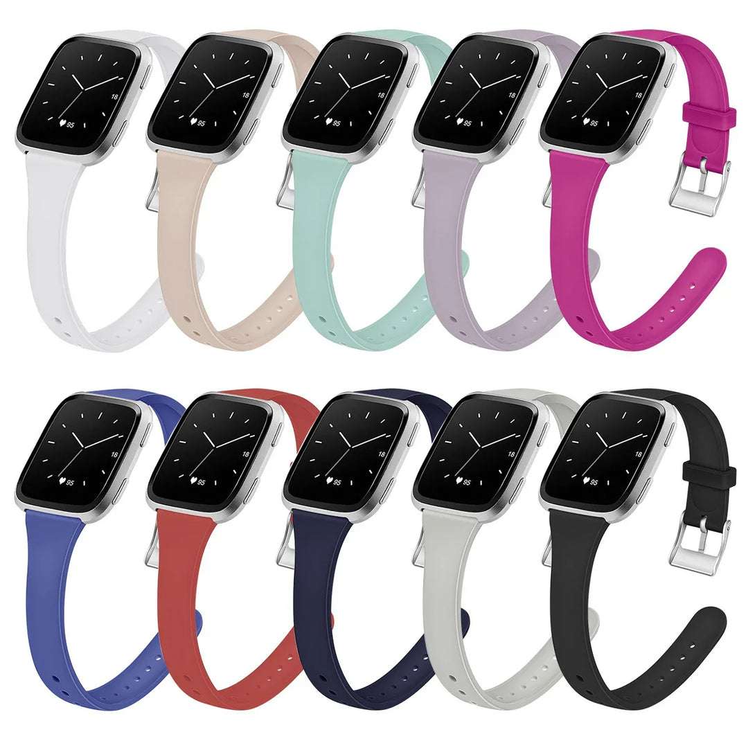 Smartwatches with black screens and silver frames in 10 colorful silicone straps including white, beige, mint, purple, pink, blue, red, navy, gray, and black