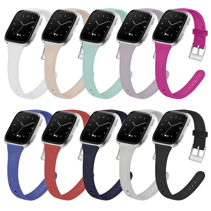 Smartwatches with black screens and silver frames in 10 colorful silicone straps including white, beige, mint, purple, pink, blue, red, navy, gray, and black