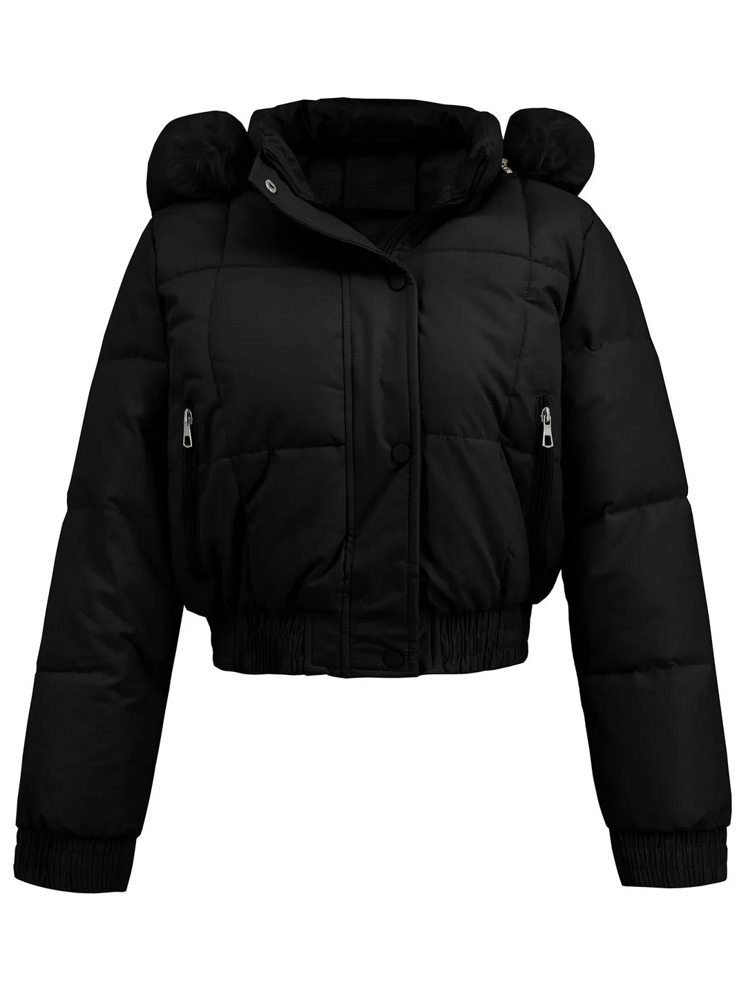Black cropped puffer jacket with hood featuring bear ears, zip and snap button closures