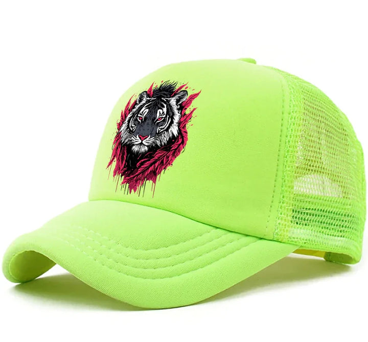 Neon green mesh baseball cap with black and white tiger face and red artistic accents