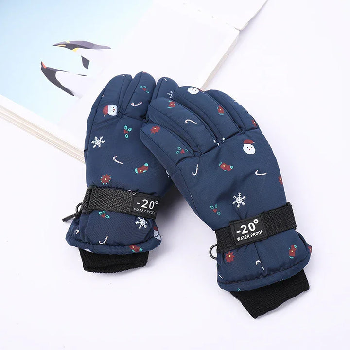 Blue waterproof winter gloves with snowman and candy cane print, insulated for -20°C cold weather