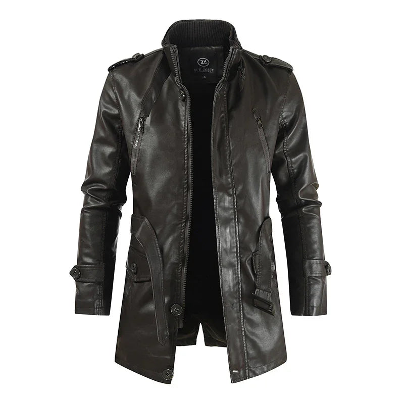 Black men's long leather jacket with zippered chest pockets and buttoned cuffs on white background