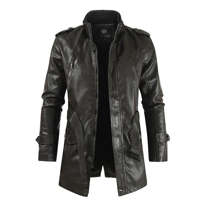Black men's long leather jacket with zippered chest pockets and buttoned cuffs on white background