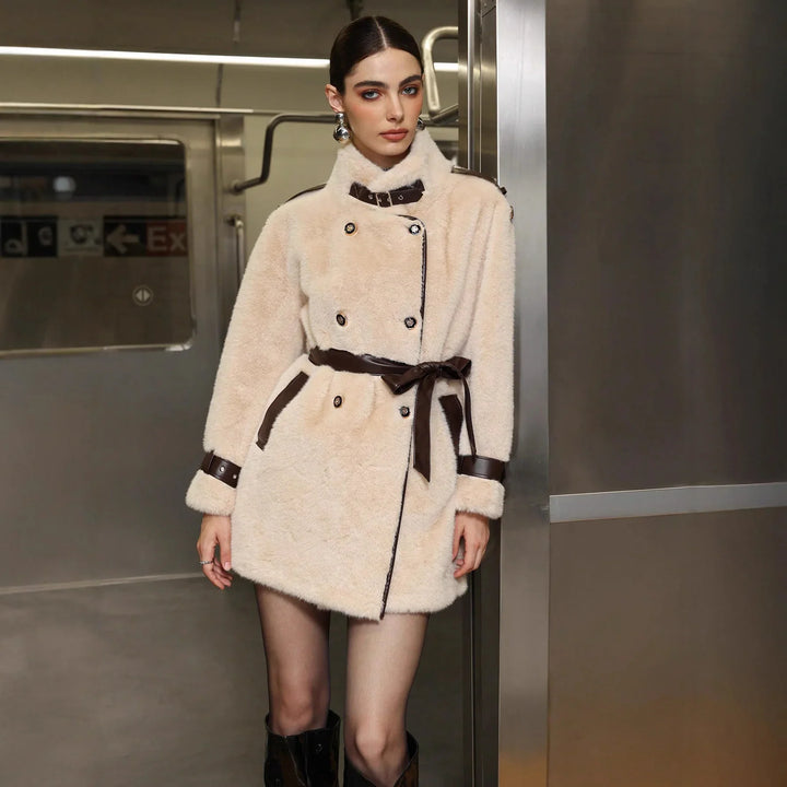Woman in beige faux fur coat with dark brown belt and cuffs standing in subway station