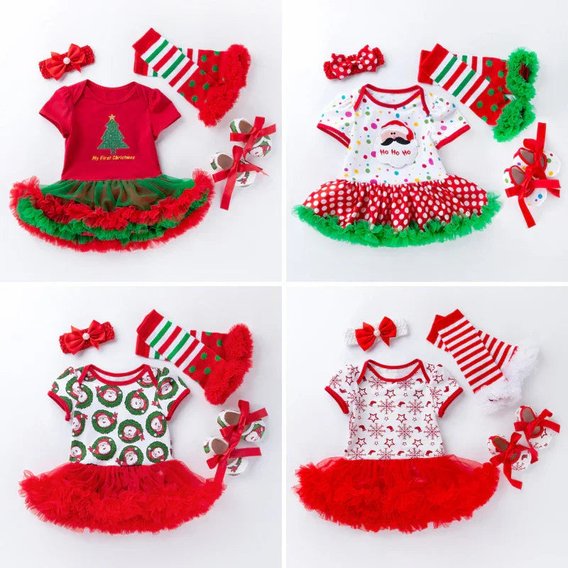 Four festive Christmas baby girl dresses with matching headbands, booties, and leg warmers in red, green, and white colors.
