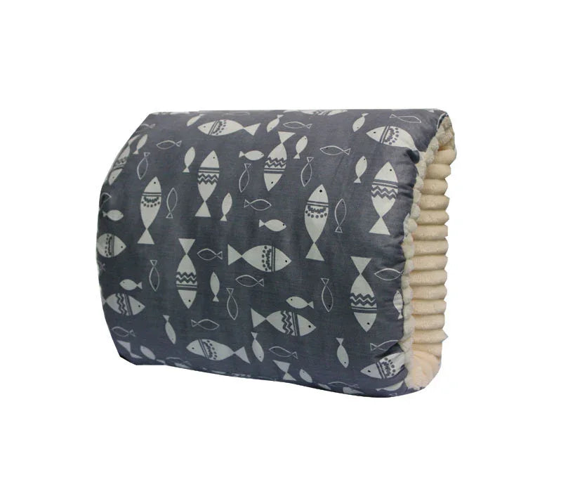 Grey soft pet bed with white fish pattern and cozy cream-colored lining