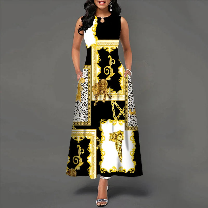 Woman wearing sleeveless black, white, and gold maxi dress with baroque patterns and leopard prints