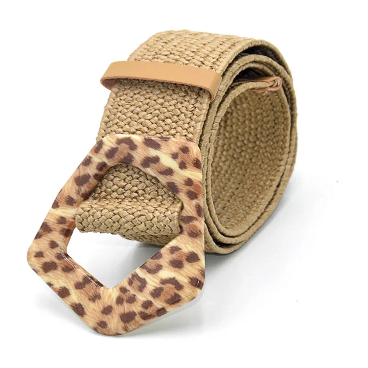 Beige woven belt with leopard print geometric buckle on white background