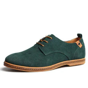 Green suede men's casual lace-up shoe with tan sole and stitching detail