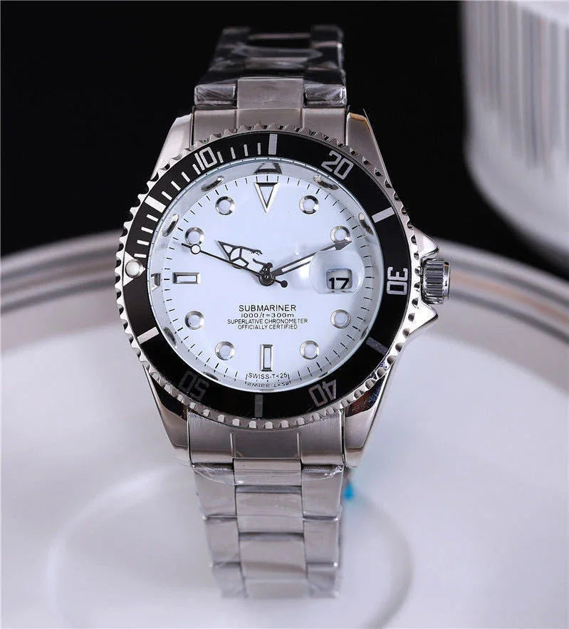 Stainless steel Submariner wristwatch with black bezel and white dial showing date 17