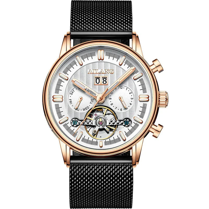 Ailang rose gold watch with white dial, black mesh strap, day, date, and 24-hour subdials