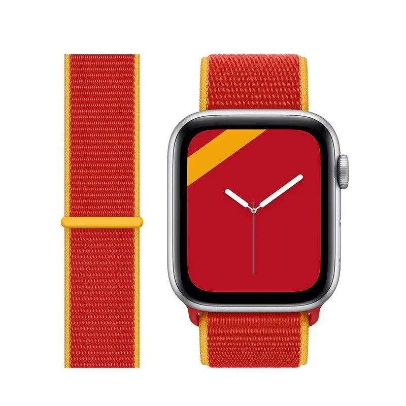 Red and yellow nylon sport loop watch band with matching red smartwatch displaying red dial
