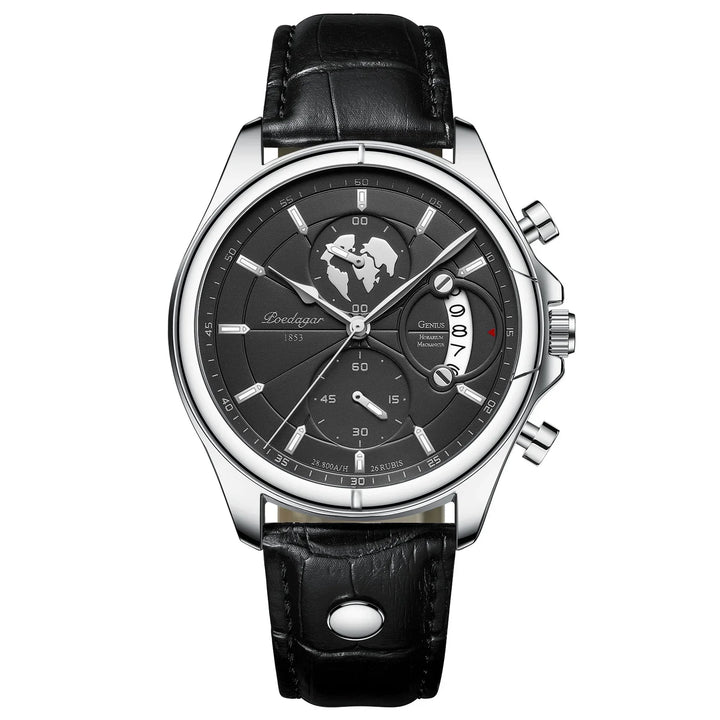Poedagar luxury men's wristwatch with black dial, world map detail, silver accents, and black leather strap