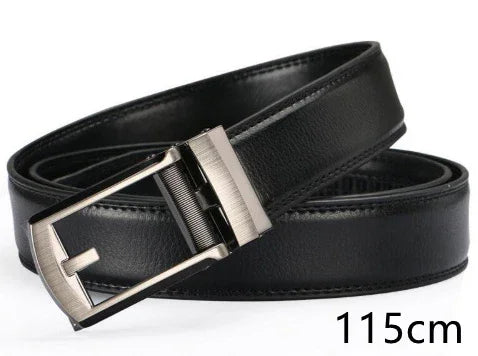 Black leather men's belt with silver buckle, length 115cm, rolled on white background