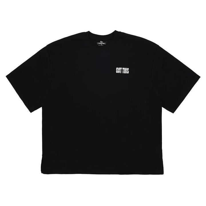Black oversized t-shirt with small white text 'GOT THIS' on chest