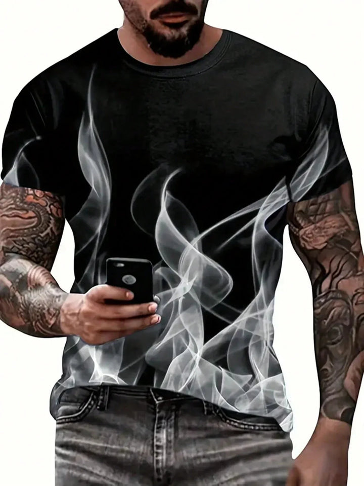 Man wearing black t-shirt with white smoke design and tattooed arms holding smartphone