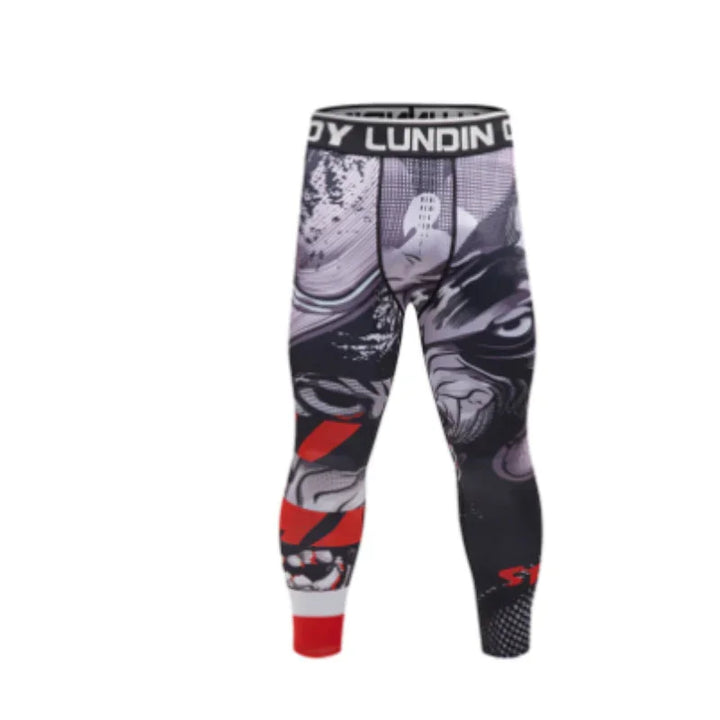 Men's compression leggings with black, red, and white anime graphic design, Lundin waistband