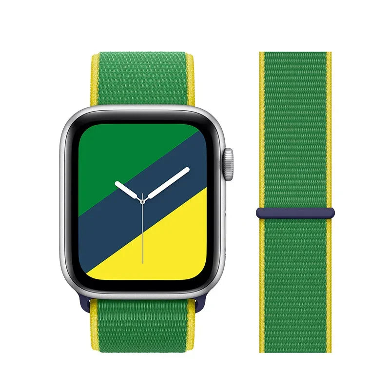 Smartwatch with green, yellow, and blue fabric band and matching watch face design