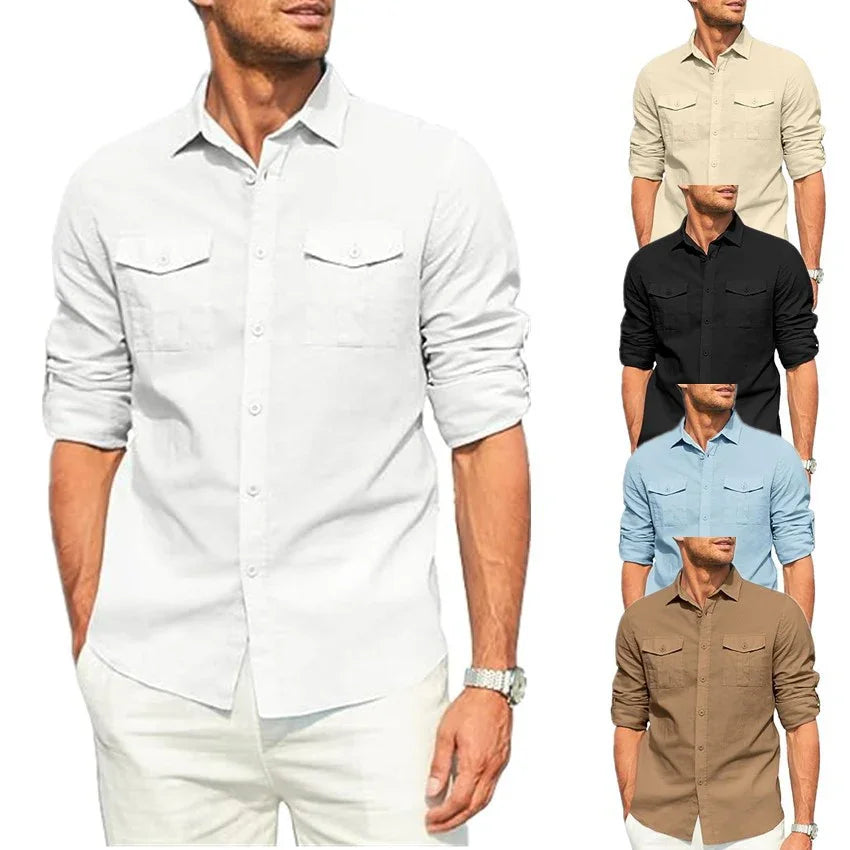 Men's casual button-up long sleeve shirt in white, beige, black, blue, and brown colors with front pockets