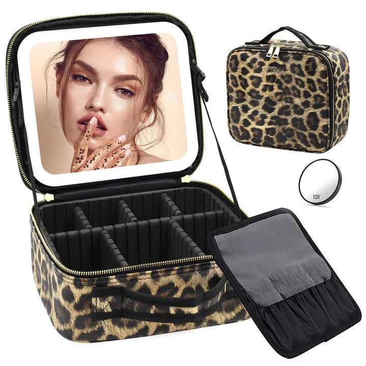 Leopard print makeup train case with LED mirror, removable divider, brush holder, and 10x magnifying mirror