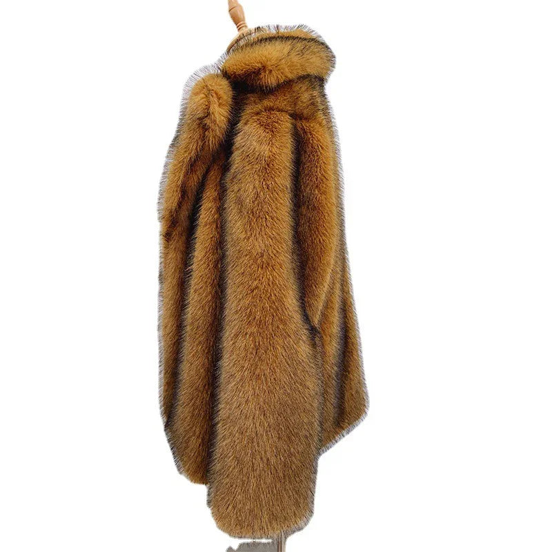 luxurious brown fur coat hanging on wooden hanger with thick plush texture