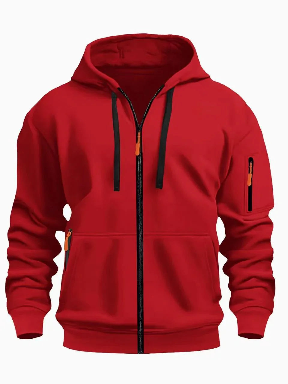 Red zip-up hooded jacket with black drawstrings and orange zipper pulls, front and sleeve pockets