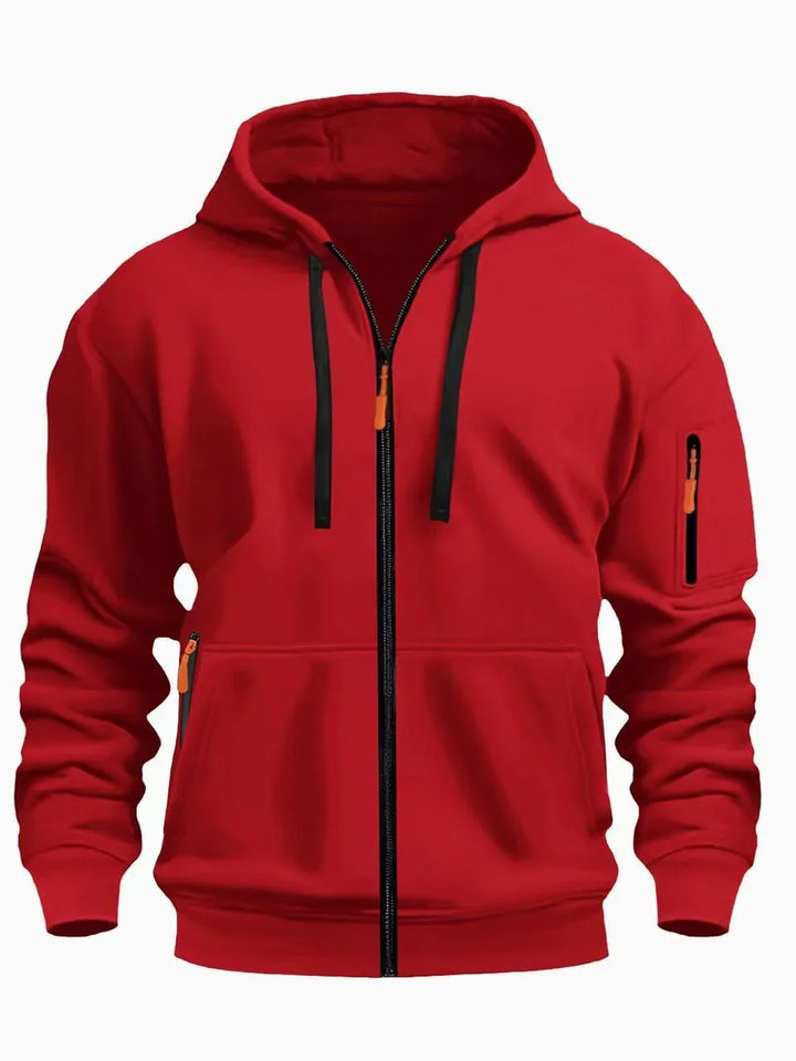 Red zip-up hooded jacket with black drawstrings and orange zipper pulls, front and sleeve pockets