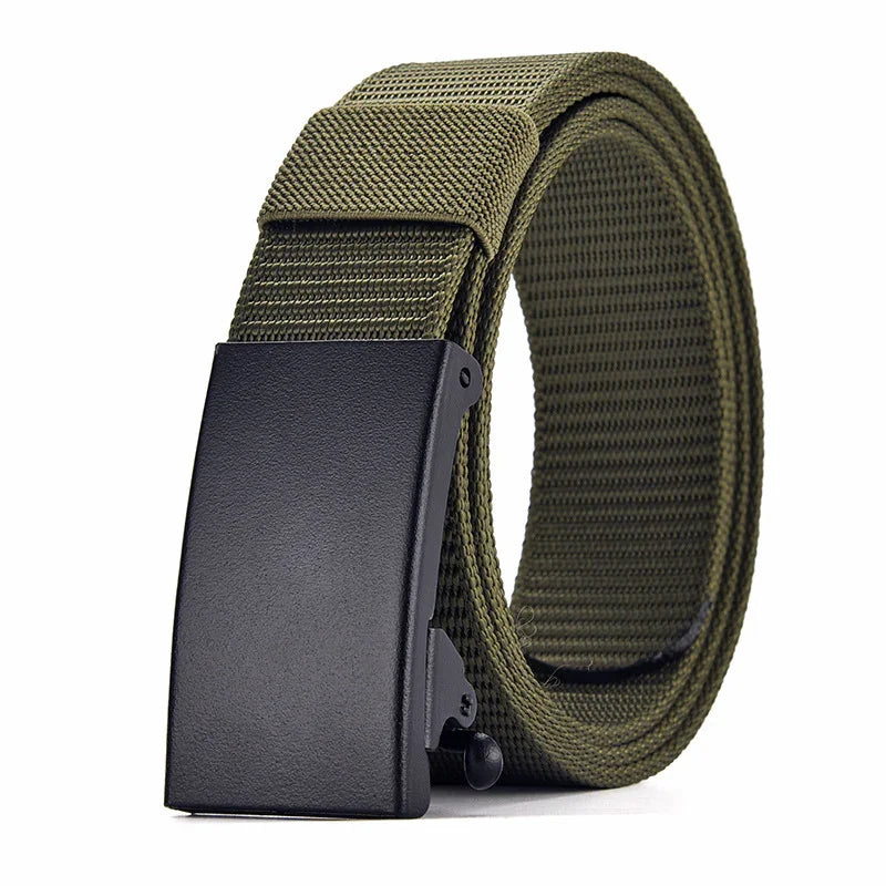 Olive green tactical nylon belt with black metal buckle rolled on white background