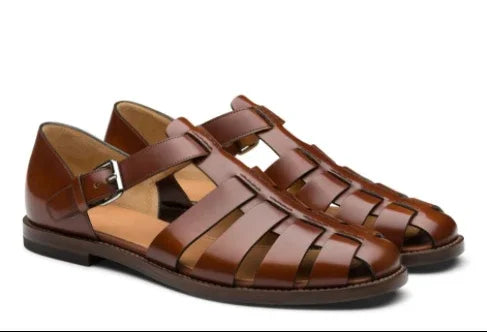 brown leather men's fisherman sandals with buckle closure and woven design