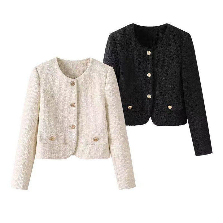 Two textured women’s cropped jackets in black and white with gold buttons and front pockets