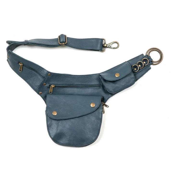 Blue leather waist bag with multiple zippered and snap pockets and adjustable strap