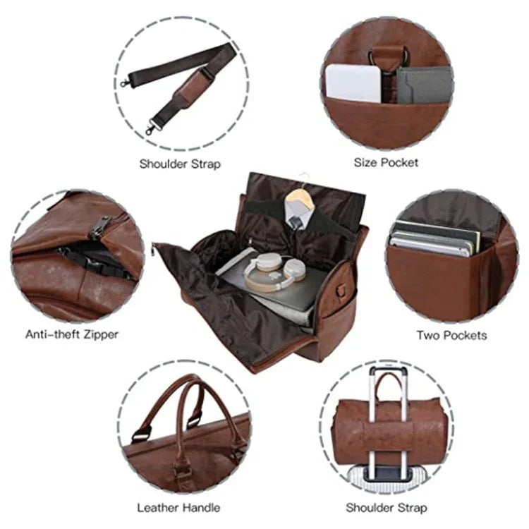 Brown leather travel bag with anti-theft zipper, shoulder strap, leather handle, multiple pockets, and luggage strap