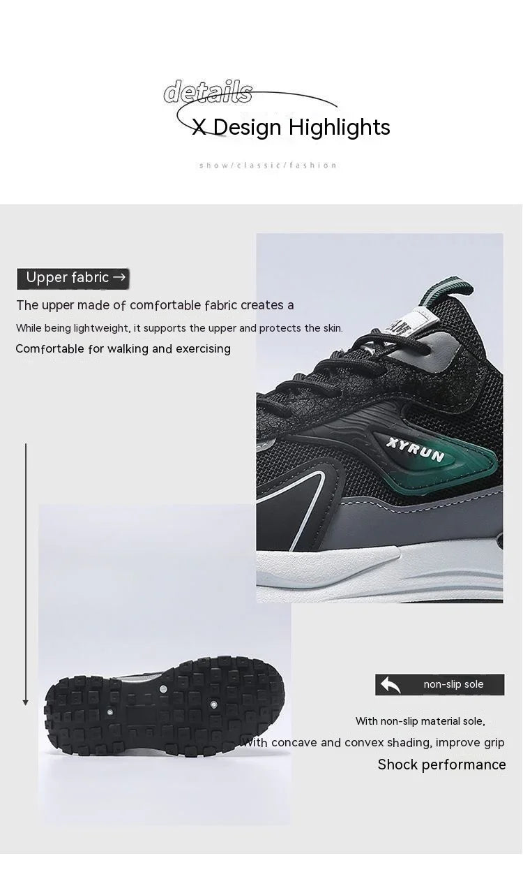 Black XYRUN sneaker highlighting breathable upper fabric and non-slip sole with grip pattern