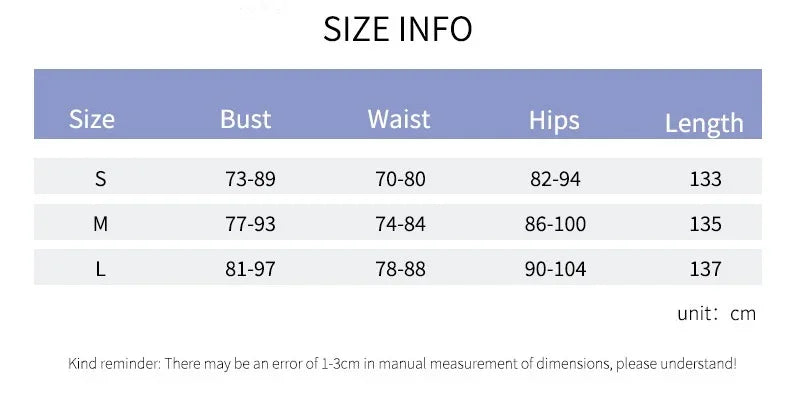 Size chart for women's dress showing bust, waist, hips, and length measurements in cm for sizes S, M, L