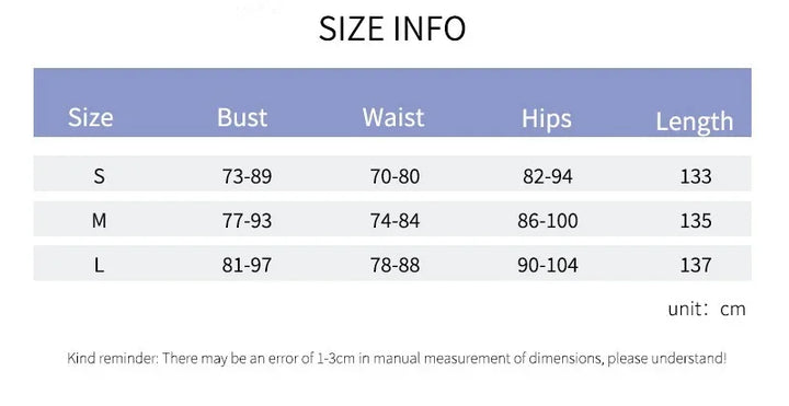 Size chart for women's dress showing bust, waist, hips, and length measurements in cm for sizes S, M, L
