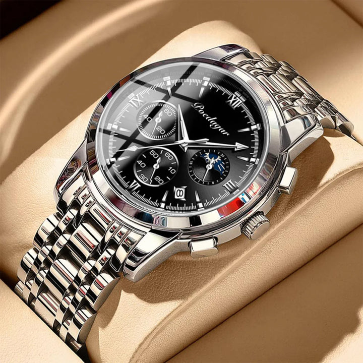 Silver stainless steel wristwatch with black dial, Roman numerals, chronograph subdials, and date display