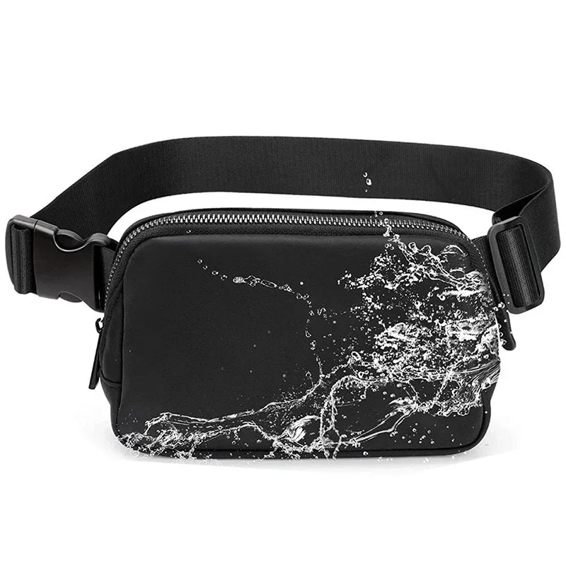 Black waterproof waist bag with zipper and adjustable strap splashed with water