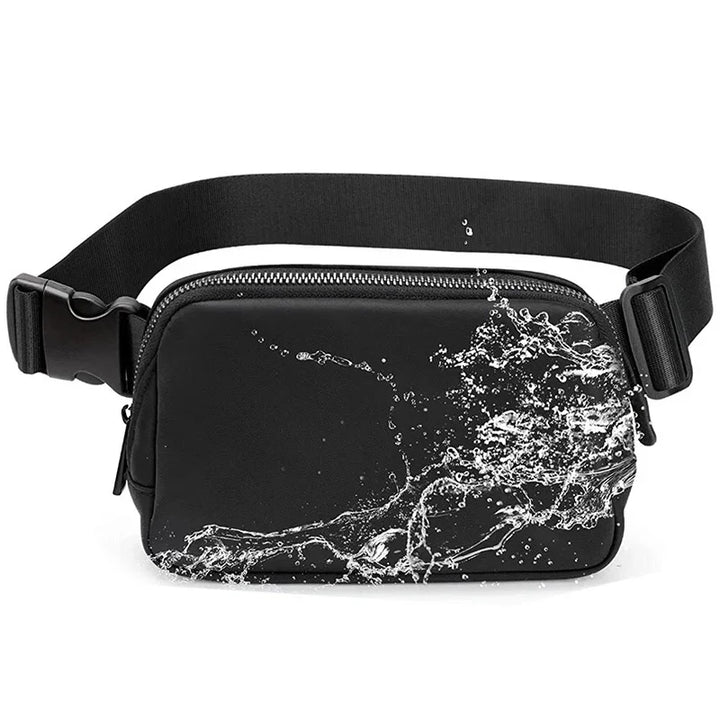 Black waterproof waist bag with zipper and adjustable strap splashed with water