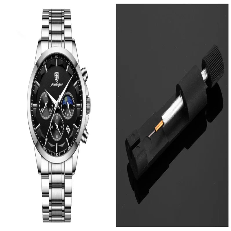 Silver stainless steel luxury men's wristwatch with black dial and chronograph alongside watch spring bar removal tool