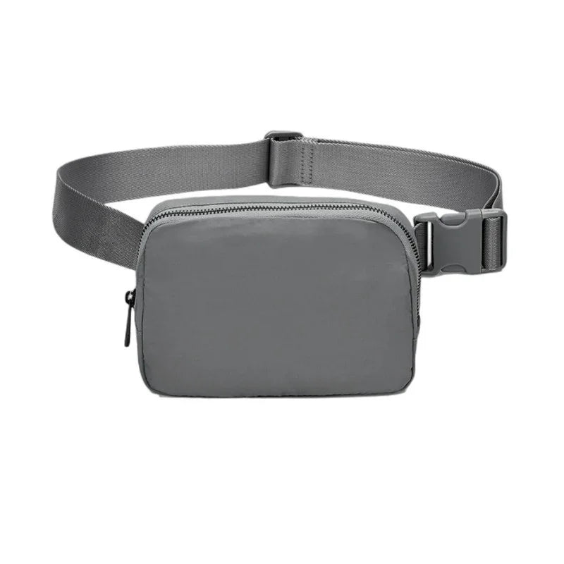 simple gray waist bag with adjustable strap and zipper pouch, minimalist design