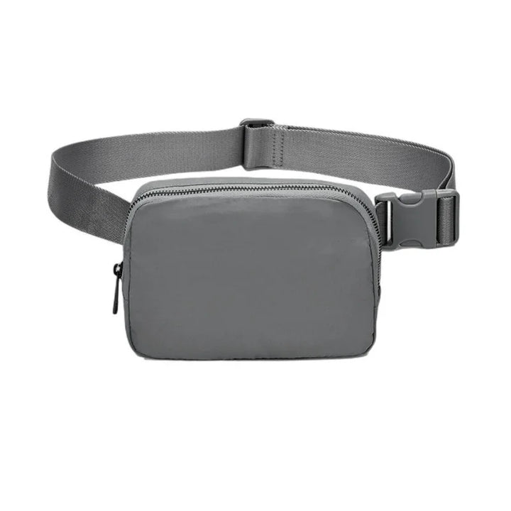 simple gray waist bag with adjustable strap and zipper pouch, minimalist design