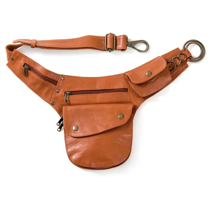 brown leather waist bag with multiple zippered and button pockets and adjustable strap