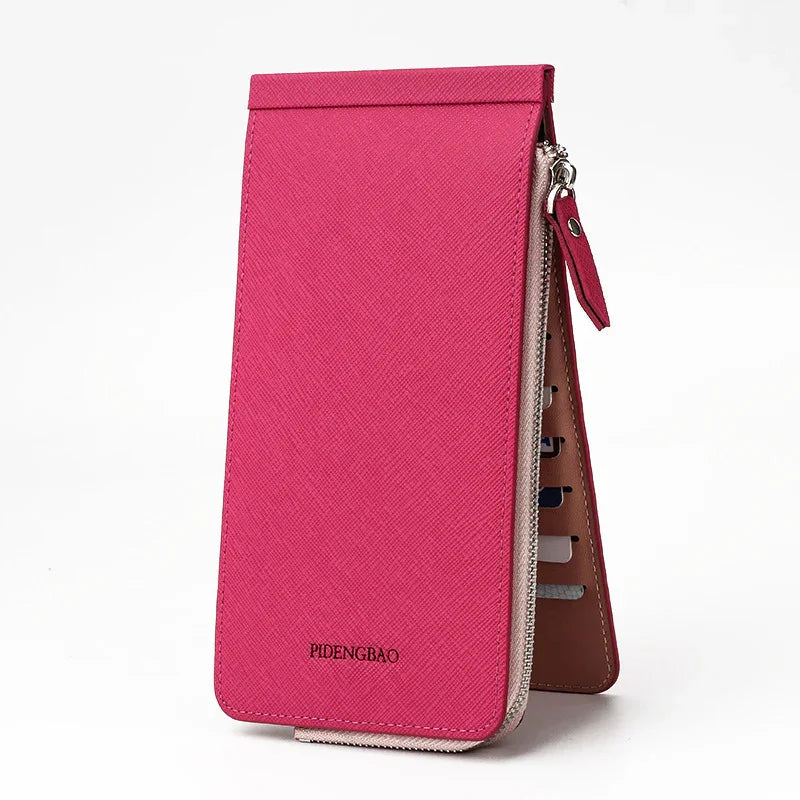 Pink PIDENGBAO leather wallet with zipper and card slots standing on white background