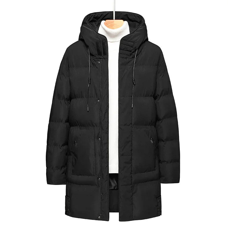 Black hooded puffer coat with front pockets over white turtleneck sweater on hanger