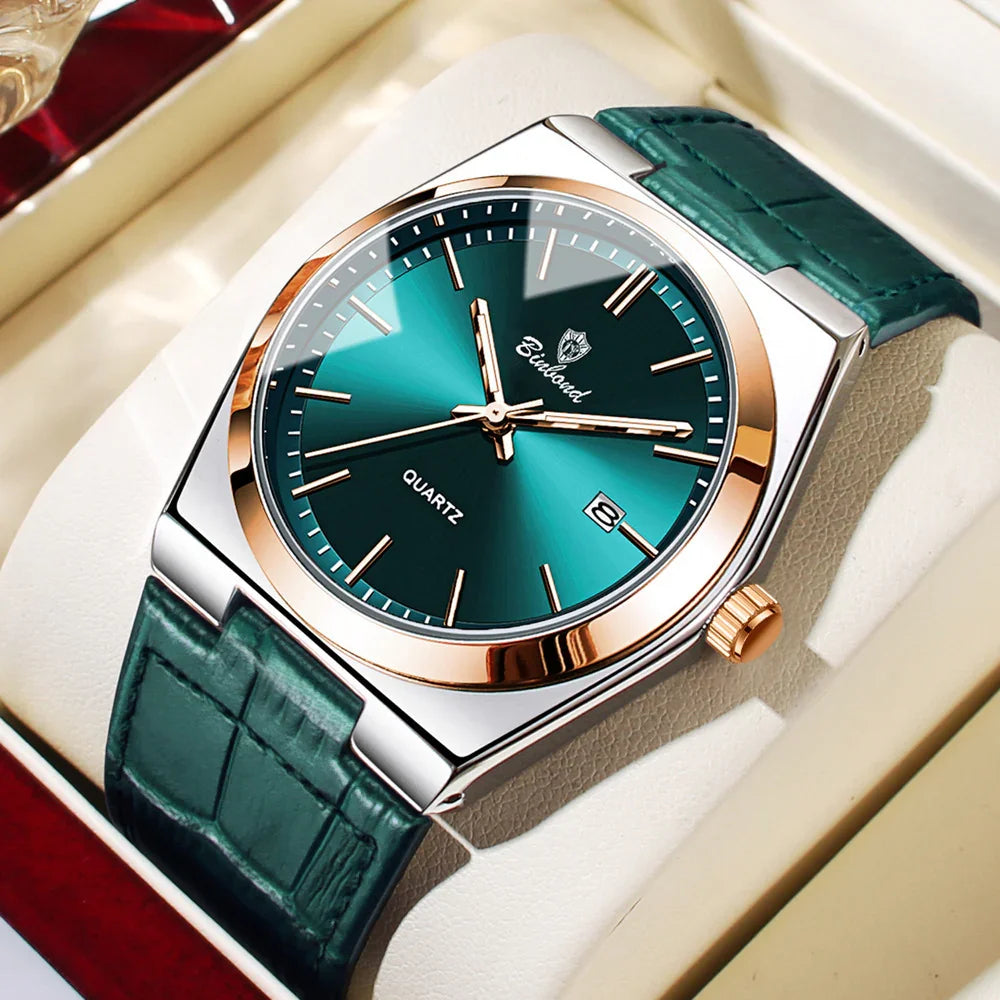 luxury men's wristwatch with teal dial, rose gold bezel, green leather strap, date display