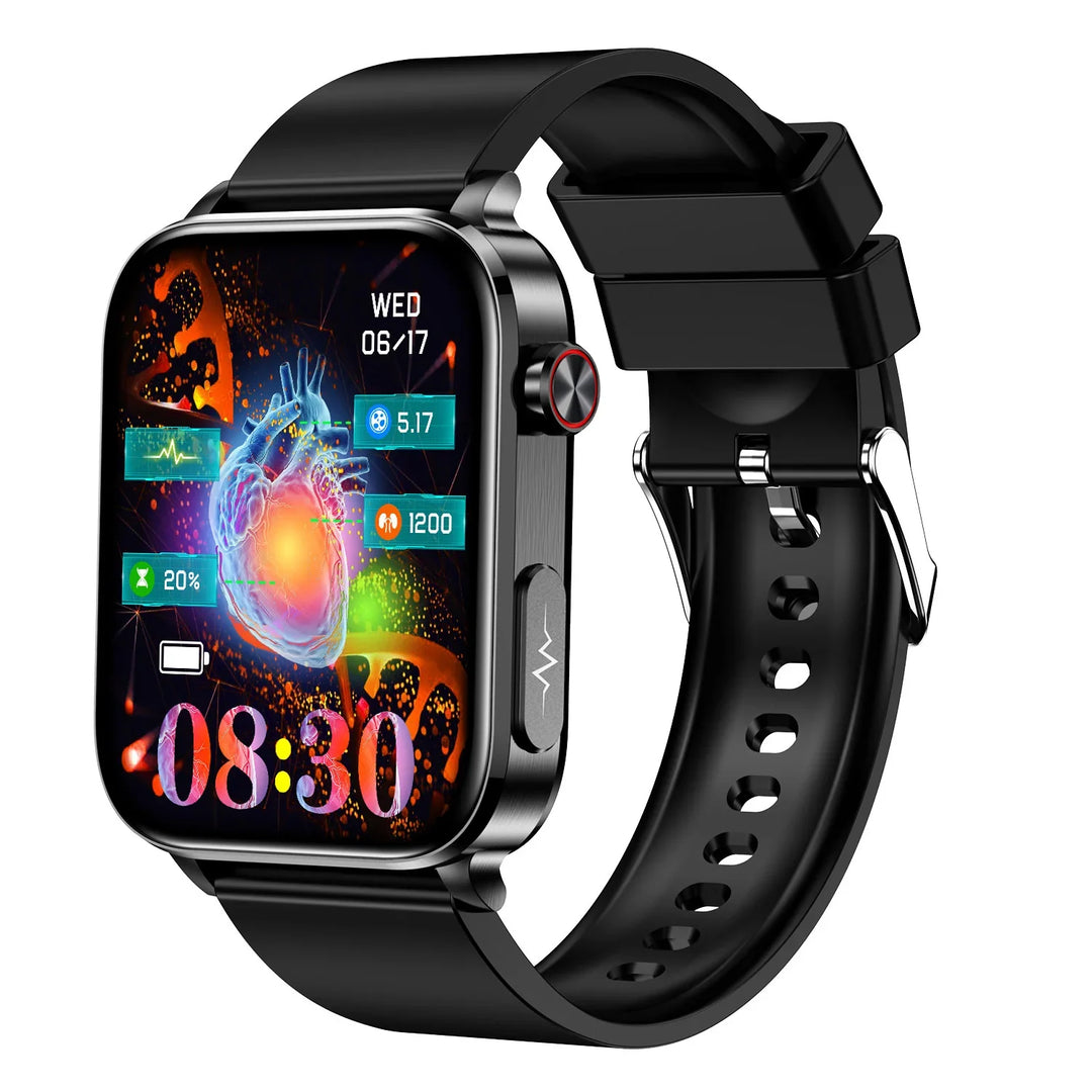 Black smartwatch with digital heart graphic, fitness stats, date, and time on display
