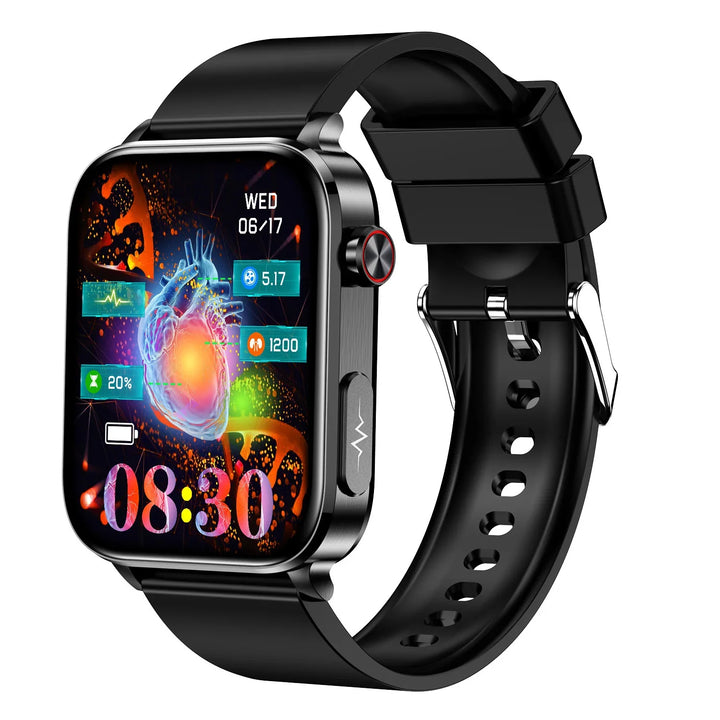 Black smartwatch with digital heart graphic, fitness stats, date, and time on display