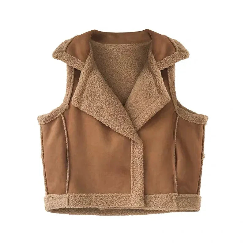 Brown faux shearling sleeveless vest with wide collar and textured trim