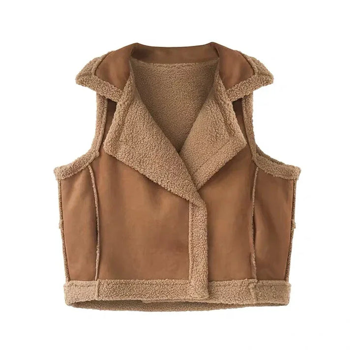 Brown faux shearling sleeveless vest with wide collar and textured trim