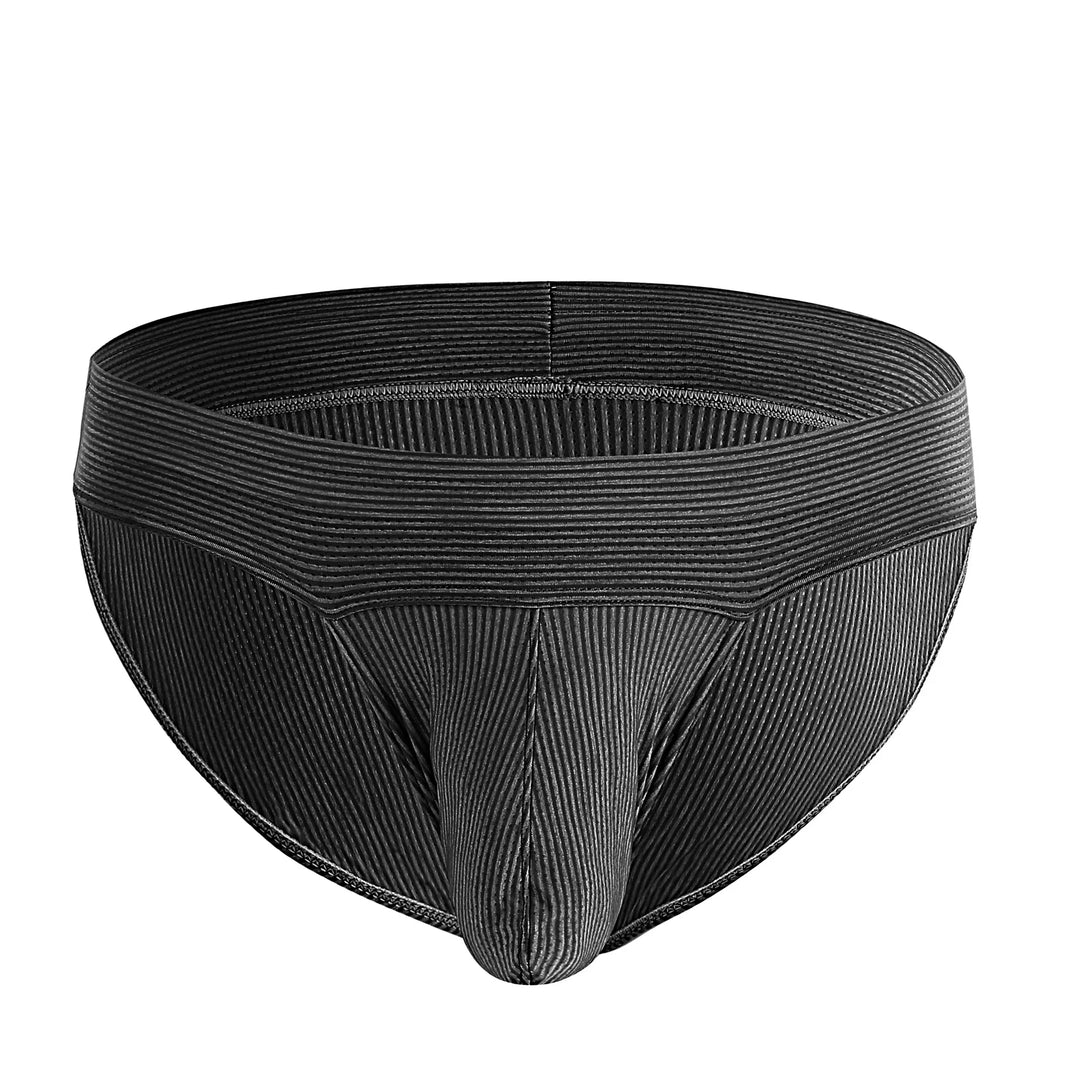 Black striped men's brief underwear with elastic waistband on white background